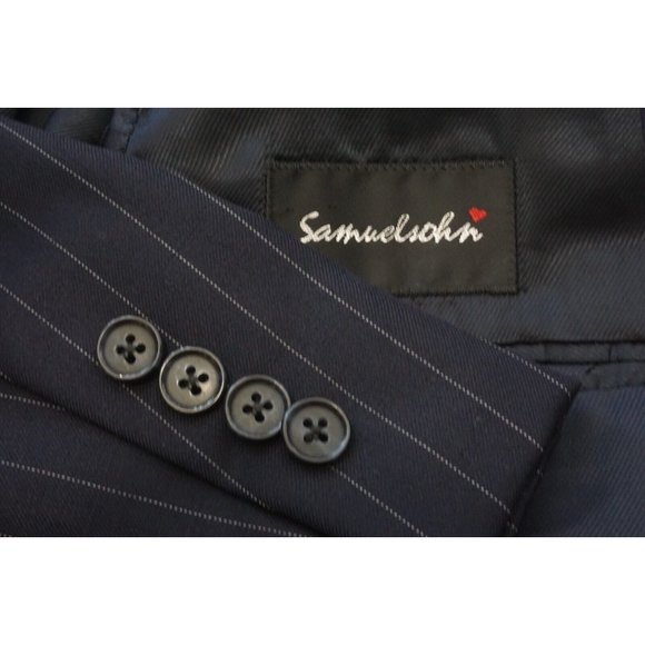 Samuelsohn SB Como Navy Blue Pinstriped S120s Wool 2 Pc Suit Jacket Pants Sz 44L